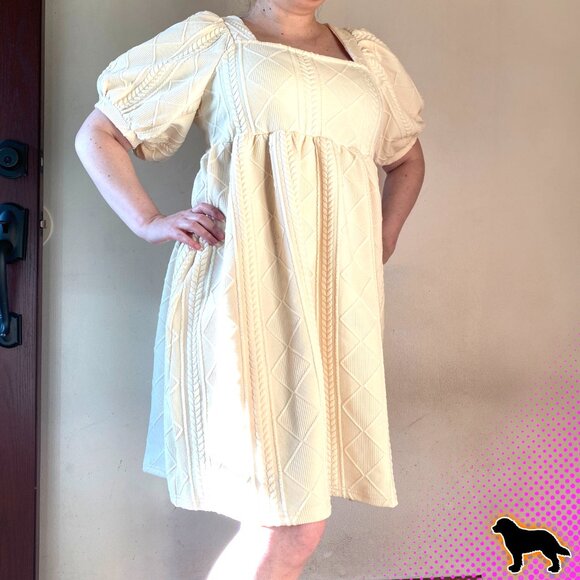 NEW NWT Listicle Cable Knit Babydoll Cream Dress Puffed Sleeves Size M Medium - Picture 2 of 5